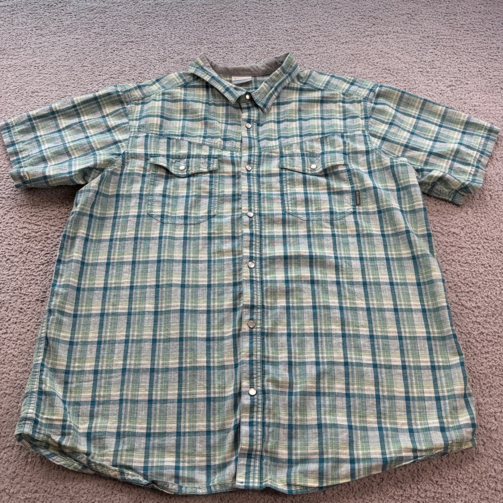 Columbia Mens XL Green Teal Plaid Short Sleeve Snap Button Up Shirt AM1096